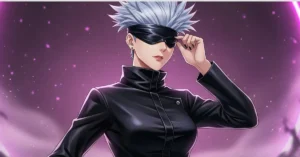 Female Gojo with blindfold in pink aura anime style