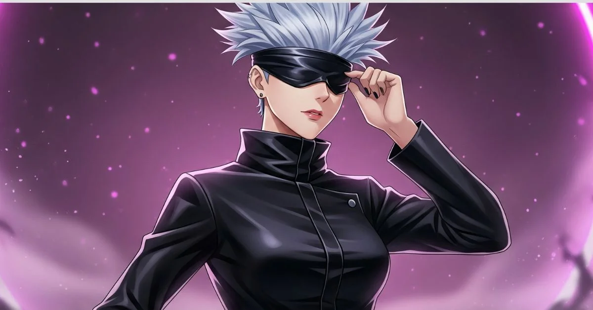 Female Gojo with blindfold in pink aura anime style