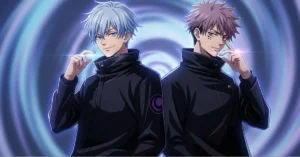 Gojo and Geto standing together in matching anime-style pose