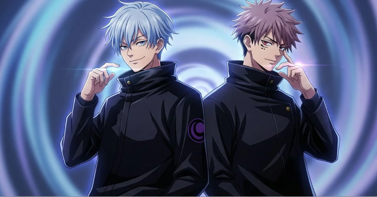 Gojo and Geto standing together in matching anime-style pose