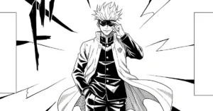 Manga-style banner of Gojo Satoru adjusting blindfold