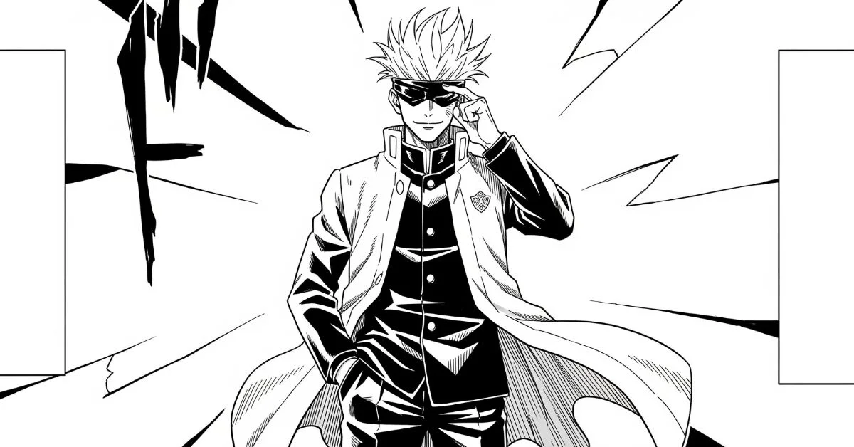 Manga-style banner of Gojo Satoru adjusting blindfold